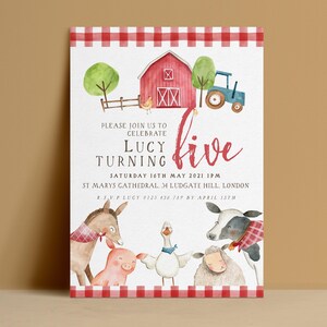 May include: A birthday invitation card featuring a red barn, blue tractor, and farm animals including a donkey, pig, goose, and cow. The text reads: PLEASE JOIN US TO CELEBRATE LUCY TURNING five SATURDAY 16TH MAY 2021 1PM ST MARYS CATHEDRAL 34 LUDGATE HILL LONDON.