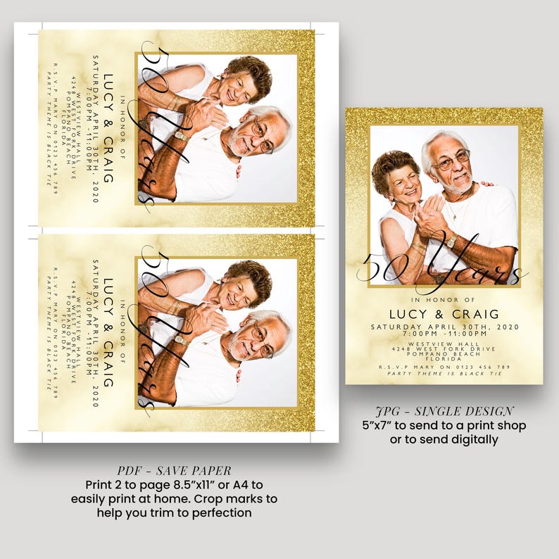 Op de afbeelding: Gouden uitnodiging voor een 50e huwelijksverjaardag. De uitnodiging toont een foto van het paar, de namen "Lucy & Craig" en evenementdetails. De tekst bevat "Zaterdag 30 april 2020" en "Party Theme is Black Tie".