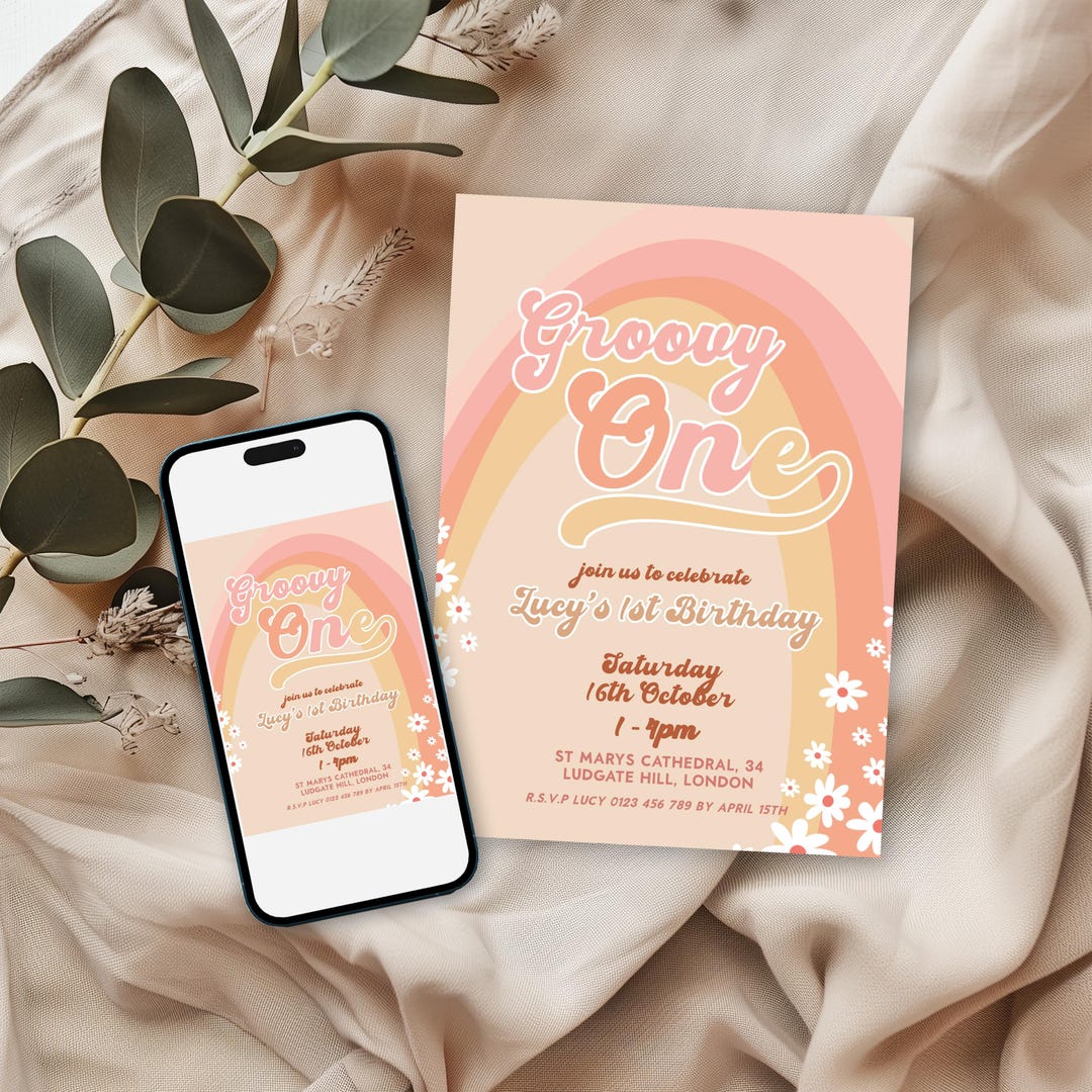 Editable Groovy One 1st Birthday Invitation Retro Daisy Editable ...