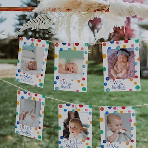 Banner de aniversário com foto, cartões de foto de marco mensal Banner de aniversário Decoração de aniversário Modelo Corjl editável para impressão Dots DTS8