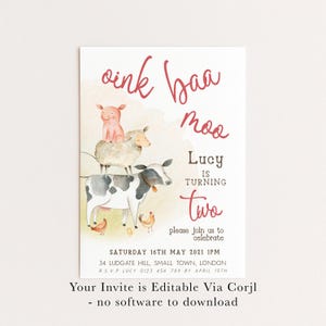 K&ouml;nnte beinhalten: Eine Geburtstagseinladung zum Thema Bauernhof mit einer Aquarellillustration. Ein Schwein, ein Schaf und eine Kuh sind &uuml;bereinander gestapelt. Der Text lautet "oink baa moo" und "Lucy wird zwei". Die Einladung enth&auml;lt Eventdetails.