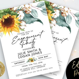 Sunflower Engagement Invitation, Engagement Invitation Template, Sunflower and Cotton invite  Instant Download Printable SUN45