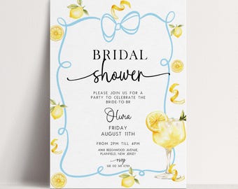 Bridal Shower Invite Lemon Theme: Fresh Citrus Design - Editable Template, Blue Bow Accent, Summer Celebration