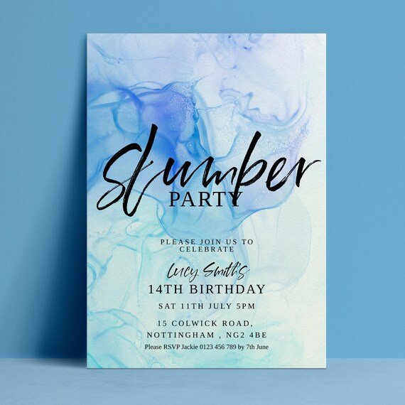 Sleepover Invitation Editable Template: Girls Slumber Party Design, Blue Green Watercolor (Printable 5x7, DIY Download)