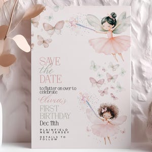 Réservez cette date pour le premier anniversaire des fées - Faire-part de fête aquarelle pastel modifiable avec des papillons et des fées fantaisistes