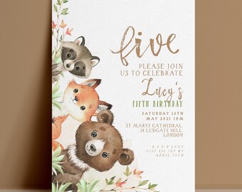 Woodland 5th Birthday Invitation Editable Template, Gender Neutral Forest Animals (Digital Download, 5x7 Inches, Printable)