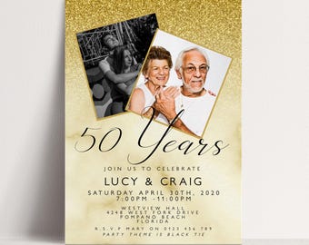 50th Wedding Anniversary Invitation: Glitter Marble Gold - Editable Digital Template, Photo Upload, Instant Download, 5x7