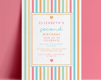 2nd Second Birthday Invitation Template, Rainbow Stripe Editable Invite, Pastel Digital Download, Kids Printable Card