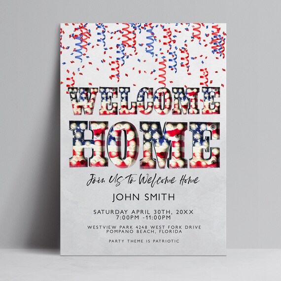 Patriotic Red White Invitation Template: Editable 5x7 Welcome Home Card, Digital Download | Printable, Corjl Online Editor, Instant Use