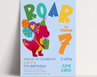 Dinosaur Invite Girl Birthday: Pink Roar Dino Party, Editable Corjl Template (5x7 Inches, Instant Download, Kids Celebration)