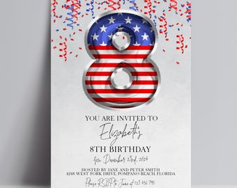 8th Birthday Invitation Editable Patriotic Flag Balloon - Red White Blue Design, Corjl Template, Instant Download - Printable Invite