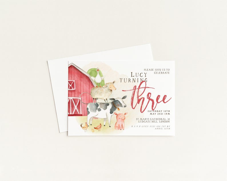 The image is a birthday invitation for a girl named Lucy, who is turning three. The invitation features illustrations of farm animals and a red barn, along with the text "Please join us to celebrate Lucy turning three".