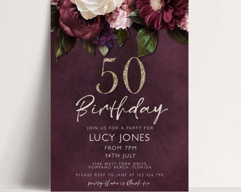Floral Party Invite 50th Birthday Invitation: Burgundy and Gold Glitter Theme (Editable Corjl Template, 5x7 Inches, Instant Download)