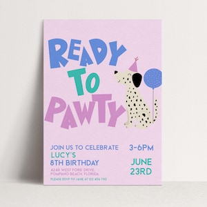 Dog Birthday Invite Editable Dalmatian Puppy Party Card: Pink Cute Design, Corjl Template | Printable, Any Age | 5x7 Inches image 1