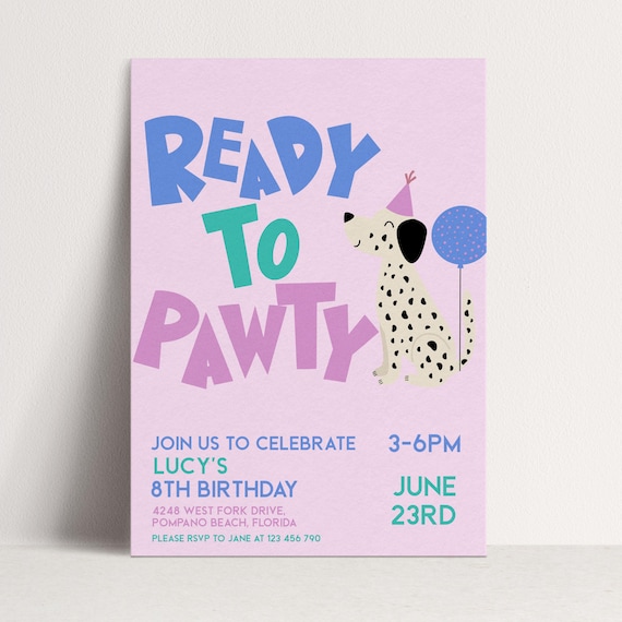 Dog Birthday Invite Editable Dalmatian Puppy Party Card: Pink Cute Design, Corjl Template | Printable, Any Age | 5x7 Inches