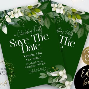 Save the Date Christmas Party Invitation Editable Template Holiday Emerald Green Invite ...