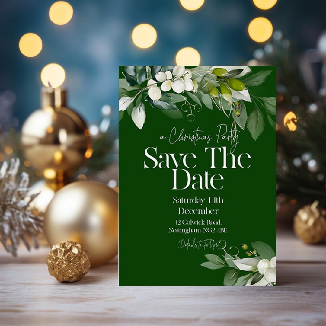 Save the Date Christmas Party Invitation Editable Template Holiday Emerald Green Invite ...