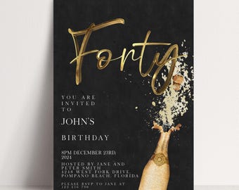 40th Birthday Invitation Editable Template: Black Champagne Celebration, Simple Elegant Style (Instant Download, Printable PDF/JPG)