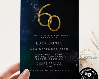 Printable Birthday Party Invitation 60th  Black Gold  Editable Age Numbers Invitation Instant Download Editable template Corjl