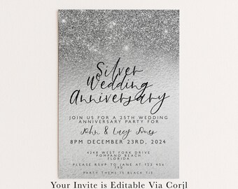 25th Anniversary Invitation - Editable Wedding Template - Silver