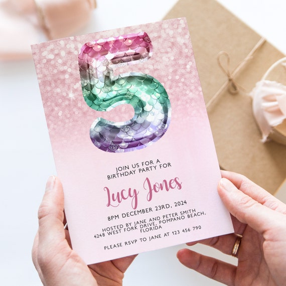 5th Mermaid Birthday Invitation Editable Template Balloon Invite 5 Year Old Invite Party Celebration Digital Download Il_570xn