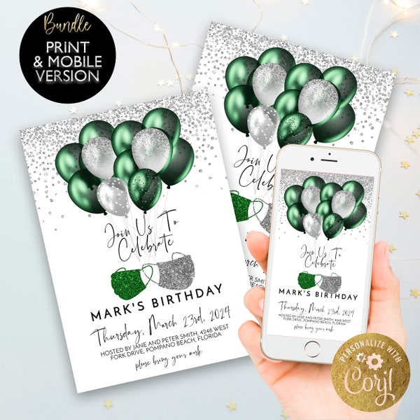 Birthday Invitation Plus Mobile Bundle Editable Template Green and Silver Balloons Invite Party Digital Download