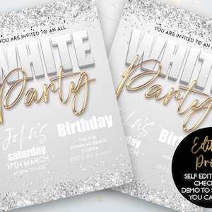 All White Party Invitation Bling Bling All White Birthday Bash White Gold Glitter Party Editable Download