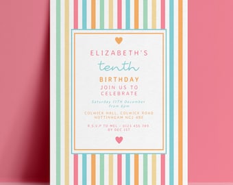 10th Birthday Invitation Template, Rainbow Stripe Editable Invite, Pastel Tenth Digital Download, Kids Printable Card