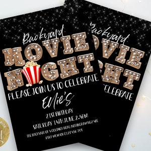 Backyard Movie Night Birthday Invitation Editable Movie Under the Stars Outdoor Backyard Movie Party Popcorn Digital Download Boy Girl