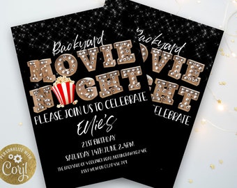 Backyard Movie Night Birthday Invitation Editable Movie Under the Stars Outdoor Backyard Movie Party Popcorn Digital Download Boy Girl