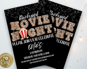 Backyard Movie Night Birthday Invitation Editable Movie Under the Stars Outdoor Backyard Movie Party Popcorn Digital Download Boy Girl