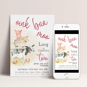 K&ouml;nnte beinhalten: Eine Aquarell-Einladung mit gestapelten Hoftieren, darunter ein Schwein, ein Schaf und eine Kuh. Die Einladung verk&uuml;ndet Lucys zweiten Geburtstag mit dem Text "oink baa moo". Ein Smartphone zeigt das gleiche Design.