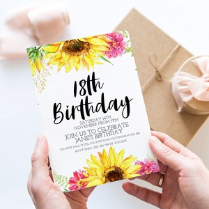 Modelo editável de convite para 18º aniversário, convite para festa com girassóis e flores para ela de qualquer idade, cartão de comemoração para impressão, download digital