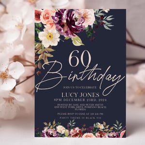 60th Birthday Invitation for Women, Editable Floral Party Invite, Digital Template, Instant Download, Corjl Printable Birthday Invite