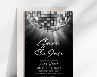 Silver Disco Ball Invitation Template: Editable Save The Date - Glitter Effect, Digital Download, Printable Party Invite, 5x7 Inches