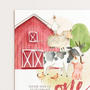 The image is a colorful illustration of farm animals, including a cow, pig, sheep, and duck, set against a red barn.