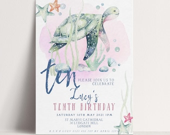 Sea Turtle Invite Birthday Template - Editable Ocean Party Invitation - Pink Watercolor Design, Digital Download, 5x7 Size