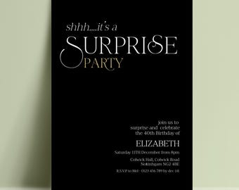 Surprise Party Invitation Template, 40th Birthday Surprise Printable Template, Black Gold Birthday Invite, Elegant Editable Digital Download