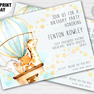 Convite de aniversário em balão de ar quente – Modelo azul editável para meninos, download instantâneo, convite Corjl para impressão, design de aventura aguarda