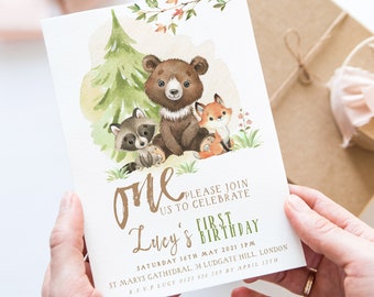Woodland 1st Birthday Invitation EDITABLE Gender Neutral Woodland Animals Invitations Digital Woodland Theme Invites Instant download WD56