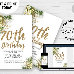 70th Birthday Invitation Template Gold Glitter Floral Birthday Celebration for Women Printable PDF Instant Download Editable Invite