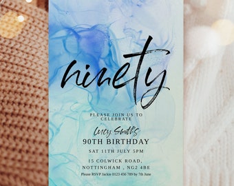 90th Birthday Invitation Him Her Invite Birthday Party Printable  Editable Template Blue Green Watercolour Decor Instant Download Ninety