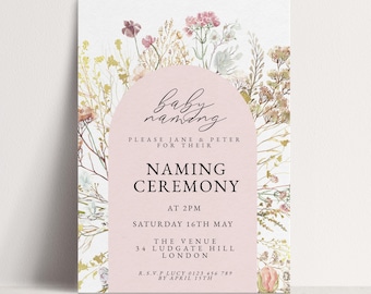 Naming Day Invite: Elegant Floral Baby Naming Ceremony Invitation - Neutral Colors, Editable Template, Minimalist Style