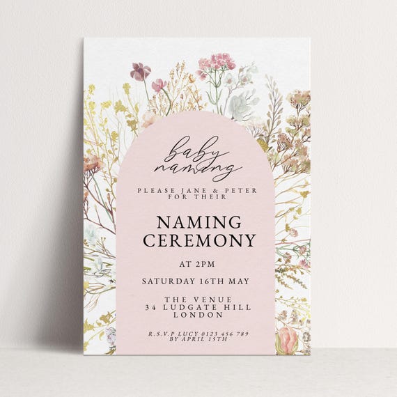 Naming Day Invite: Elegant Floral Baby Naming Ceremony Invitation - Neutral Colors, Editable Template, Minimalist Style