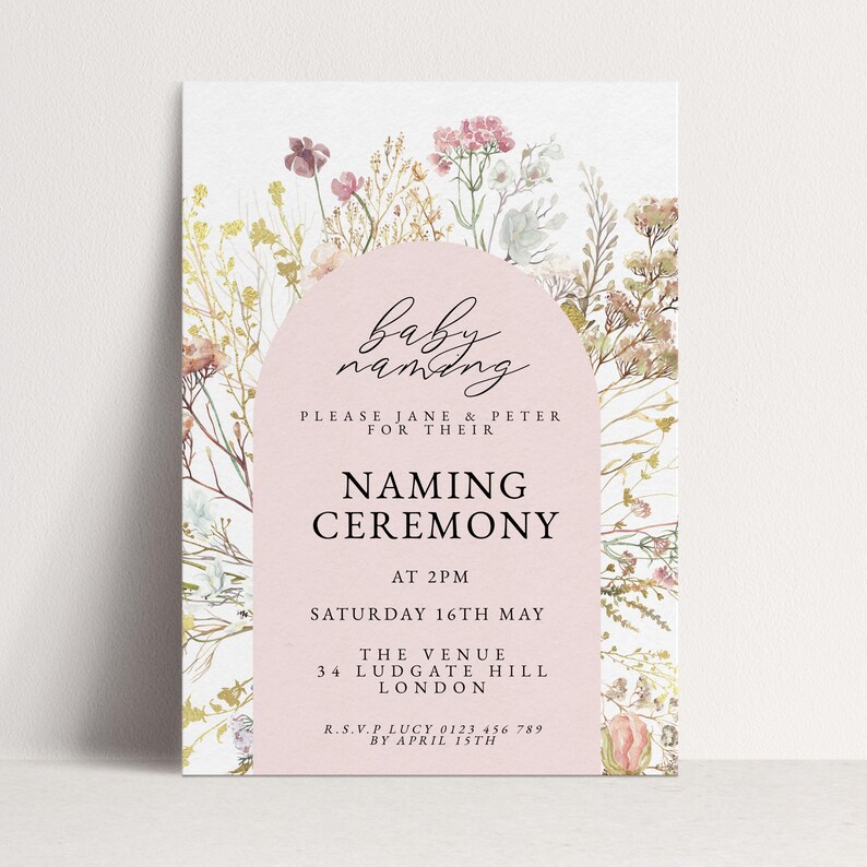 May include: A baby naming ceremony invitation with a floral design. The invitation features a pink arch with the words "baby naming" in script. The text includes the date, time, and location of the ceremony.