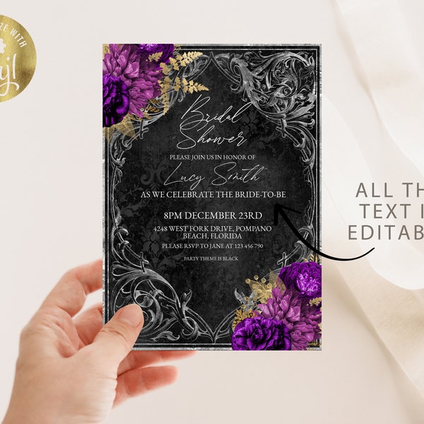 Editable Gothic Bridal Shower Invitation Template Black Purple Editable Invitation Halloween Victorian Invite Instant Download Printable