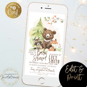 Woodland Baby Shower Invitation for invites EDITABLE Gender Neutral Woodland Animals Digital, Woodland Theme Invites Instant download WD56