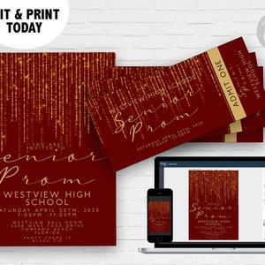 Prom Invitations and Tickets Prom Invitation Award Night Invite Event Invite Tickets Gold Glamour Printable Editable Instant Download