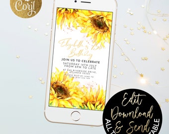 Plantilla digital de invitación para fiesta de 75 cumpleaños: Tema floral de girasoles, editable y de descarga instantánea (1080x1920px, uso personal)