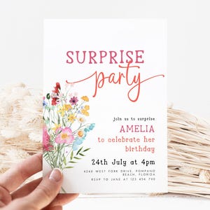 Convite para festa surpresa, modelo editável em Corjl, convite para aniversário de menina, tema de jardim floral, download digital WF21